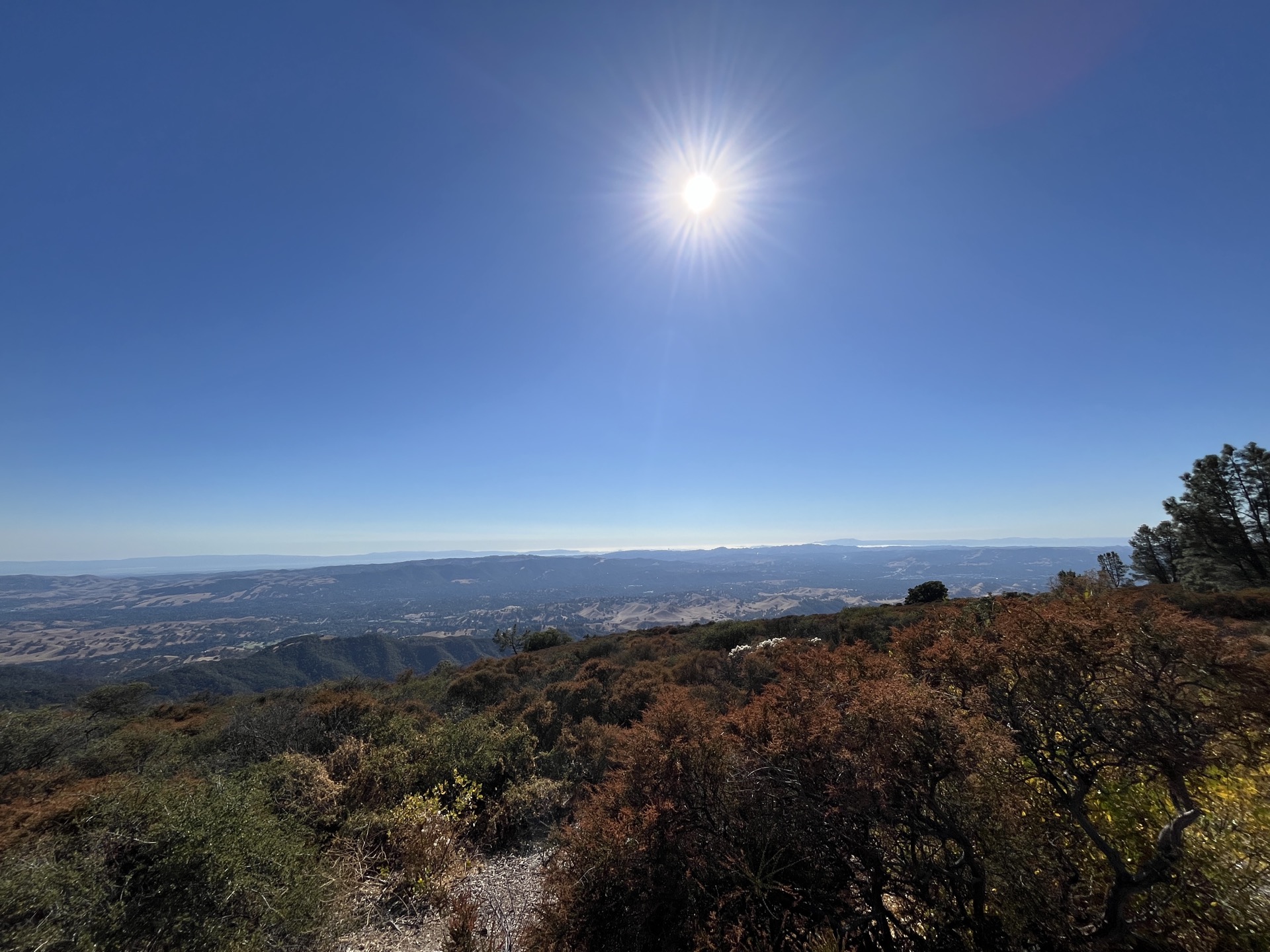 Wide panoramic daytime view from high on Mount Diablo, the Bay Area spreading below under a bright sun